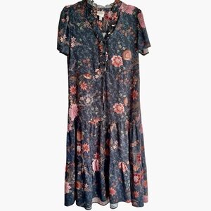 Knox Rose Floral Print Short Sleeve Tiered Midi Dress, Size M